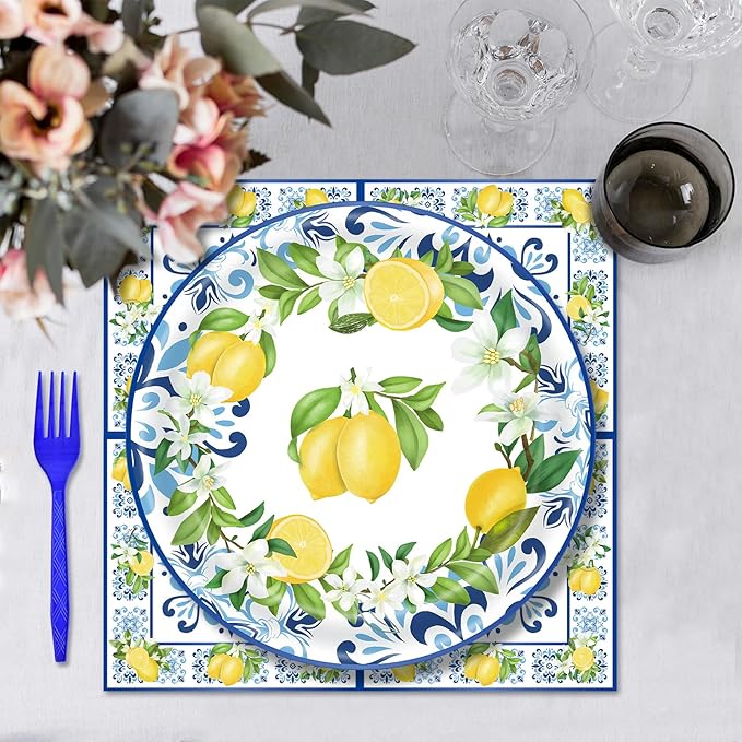 100 Pcs Lemon Tableware Party Supplies – Citrus Theme Blue Tile Disposable Plates, Napkins, and Blue Forks for Summer Parties, Picnics, BBQ, Brunch, Weddings, Birthdays, and Baby Showers – Serves 25