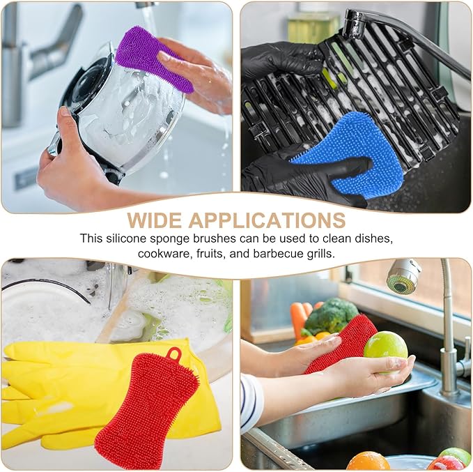uxcell Silicone Dish Scrubber, 6 Pack Reusable Dishes Sponges Silicone Sponges Double Design for Kitchen Bathroom Cleaning Gadgets Accessories Countertop Cookware Pots Pans, Red