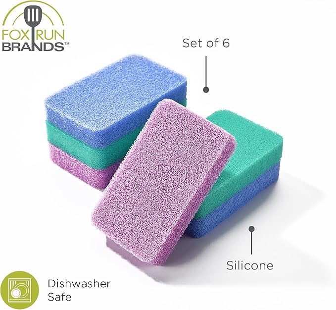 Fox Run Silicone Dish Scrubbers, Set of 6 Multi-Purpose Reusable Cleaning Brushes, Safe for Non-Stick, Blue, Cyan, and Light Purple
