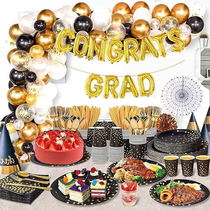 AIRE 350PCS Black Gold Paper Plates Party Supplies Dinnerware Sets for 50 Guests, Disposable Paper Party Plates, Dessert Plates, Cups, Napkins, Plastic Spoons, Forks, Knives for Wedding Birthday