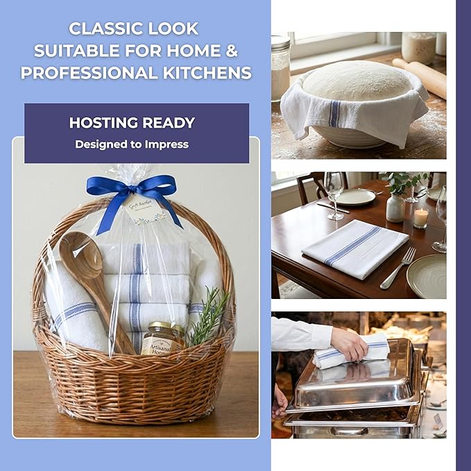 Bulk Kitchen Towels Cotton for Chefs in Commercial Restaurants - 15"X25" - 6 Pack - White Linen Tea Dish Towels - Lint Free Soft Absorbent Center Blue Striped Herringbone Weave Towles