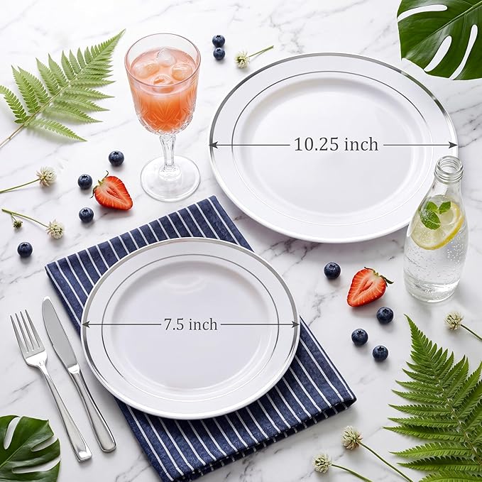 WDF 120PCS Plastic Plates White Silver Rim - Disposable Plates including 60PCS for Dinner 10.25inch, 60 Salad/Dessert Plates 7.5inch Heavy Duty Wedding Party Birthday