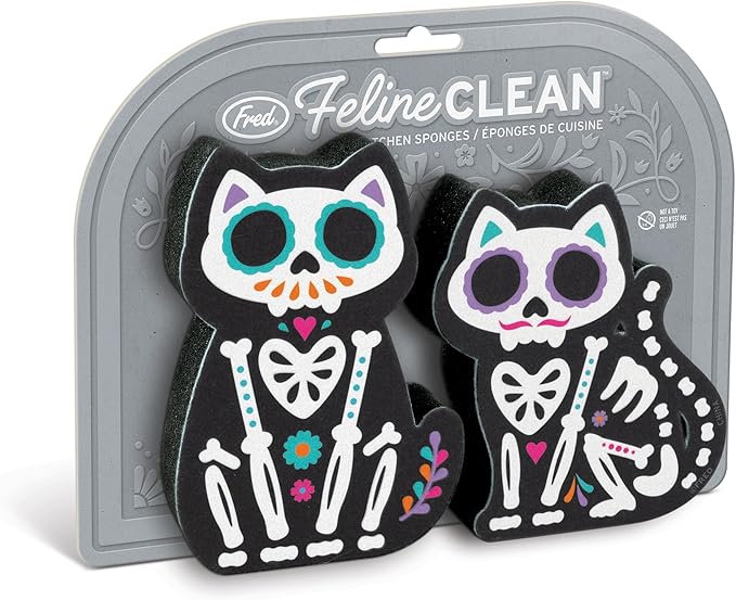 Genuine Fred Feline Clean Kitchen Sponges, Set of 2, Day of The Dead-Inspired Cat-Shaped Sponges, Fun and Quirky Kitchen Accessory