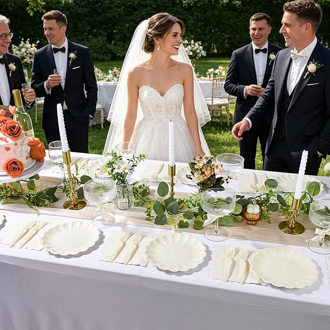 75 Pcs Ivory Paper Plates and Napkins Disposable Tableware Set Include Cream Scalloped Plates with Shell Edge, Napkins & Plastic Forks for Wedding Baby Shower Birthday Party, Serve for 25 Guests