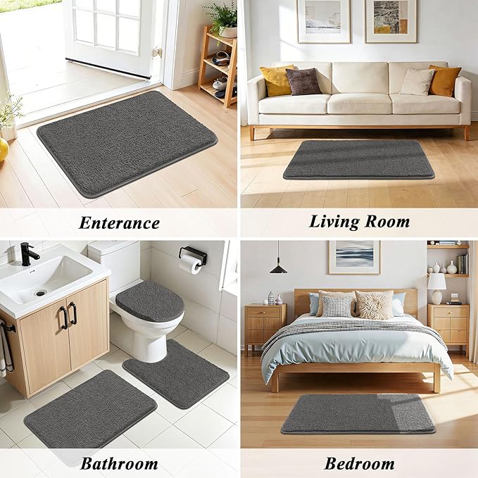SHACOS Microfiber Bathroom Rugs Set 5 Pieces with Toilet Lid Cover Ultra Soft Absorbent Bath Mat U Shape Contour Rug for Bathroom, Non Slip Machine Washable Bath Runner Rugs for Bedroom, Kitchen, Grey