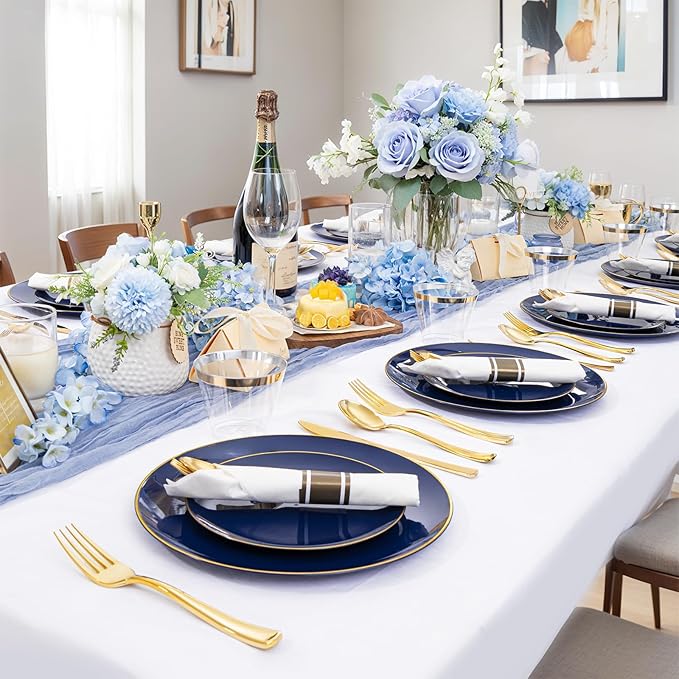 WDF 150pcs Blue plastic Plates - Navy Blue Plates Disposable - 25guest Disposable Dinnerware Sets for Party/Wedding/Birthday