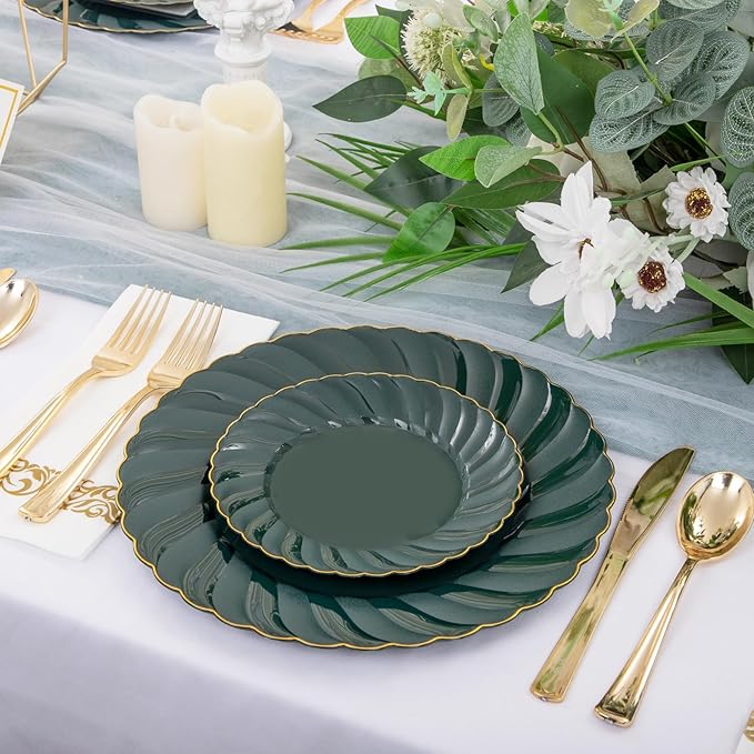 YOUBET 150PCS Emerald Green Plastic Plates - Green and Gold Disposable Dinnerware Include 50 Plates, 25 Knives, 25 Forks, 25 Spoons, 25 Napkins Ideal for Party & Wedding