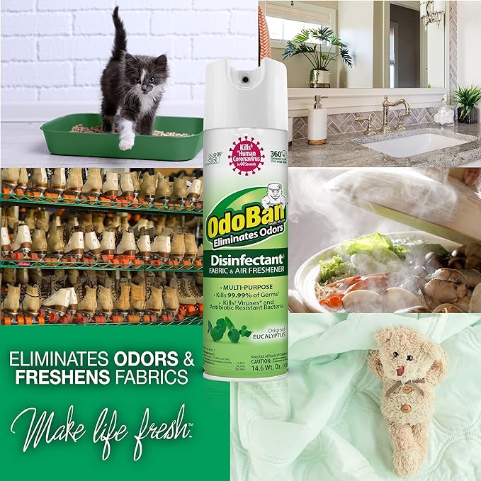 OdoBan Ready-to-Use 360-Degree Continuous Spray Disinfectant and Harsh Aroma Eliminator, Fabric and Air Freshener, 3 Pack, 14.6 Ounces Each, Original Eucalyptus Scent Clear