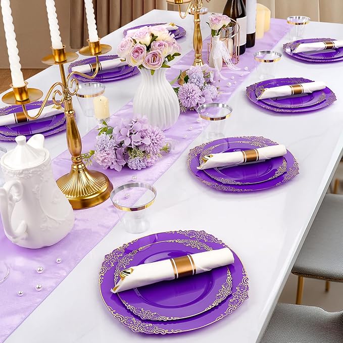 Realluck 350 PCS Purple and Gold Plastic Plates, Plastic Dinnerware Set for 50 Guests, 100 Disposable Plates, 150 Silverwares, 50 Cups, 50 Napkins for Party, Wedding, Graduation