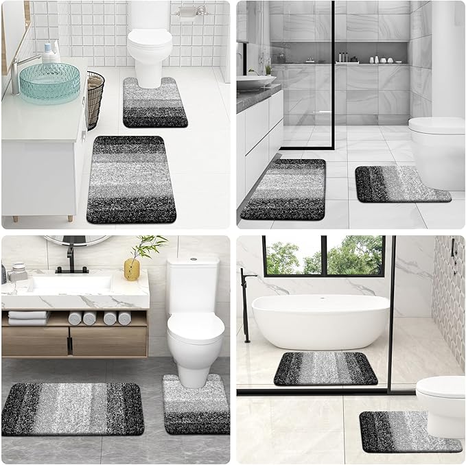 OLANLY Bathroom Rugs Sets 3 Piece, Soft Absorbent Microfiber Bath Mats and U-Shaped Contour Toilet Rug, Plush Shaggy Bath Mat Set for Bathroom (47"x20"+24"x16"+24"x20", Black)