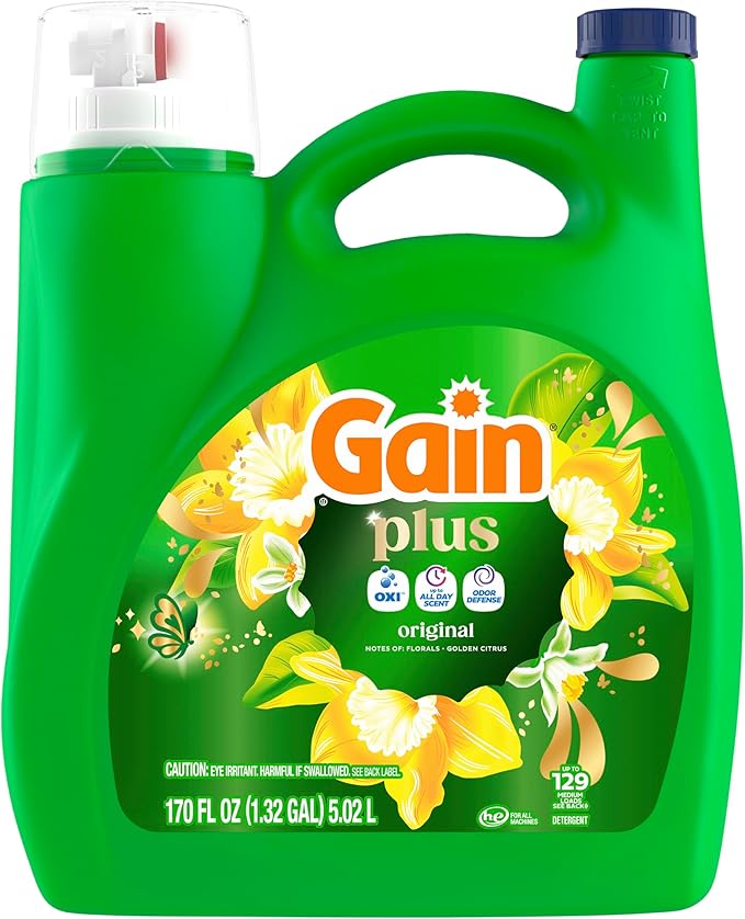 Gain Plus Liquid Laundry Detergent, Cleaner, Fresher, Now with Oxi, Original Scent, 170 fl oz, 129 Loads