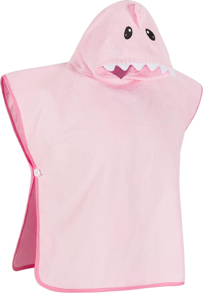 Hudz Kidz Premium Hooded Towel Poncho for Kids & Toddler - 100% Cotton (Pink Shark)