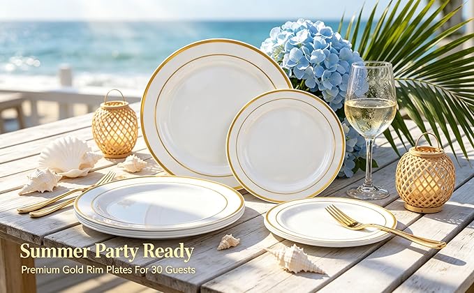 FLOWERCAT 60PCS Gold Plastic Plates - Heavy Duty White and Gold Plastic Plates Disposable for New Year Party/Wedding - Include 30PCS 10.25" Dinner Plates and 30PCS 7.5" Dessert Plates