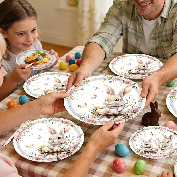 96 Pieces Easter Bunny Eggs Paper Plates and Napkins, Spring Floral Rabbit Disposable Tableware with Plates Napkins Forks for Spring Easter Party Supplies, Baby Shower Birthday Party Decor - Serves 24
