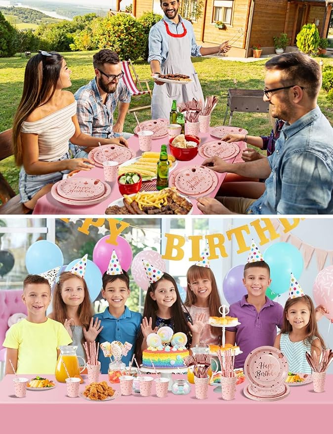 Nkaiso Birthday Party Tableware, 161 Pieces Pink and Rosegold Party Supplies, Party Dinnerware Sets Include Paper Plates Napkins Cups Silverware, for Shower Engagement Parties Decoration -20 Serves