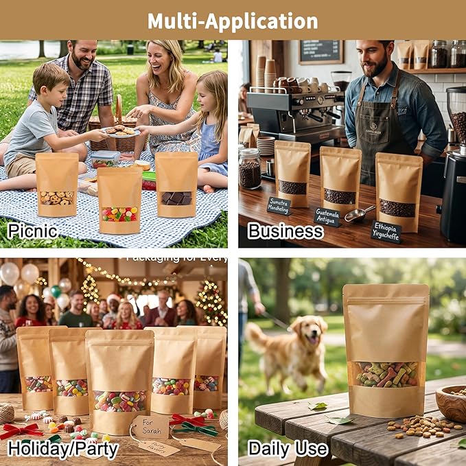 Moretoes 72pcs 7x10 Inches Resealable Bags, Kraft Paper Ziplock Bags with Window, Stand Up Pouch Bags for Coffee, Applicable to Home or Business for Packaging