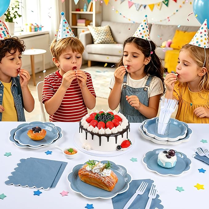 96 Pcs Dusty Blue and White Paper Plates and Napkins Set, Tableware set for 24 Guest include Baby Blue Dinner Plates with White Scalloped Edge, Napkins and Forks for Baby Boy Shower, Wedding, Birthday