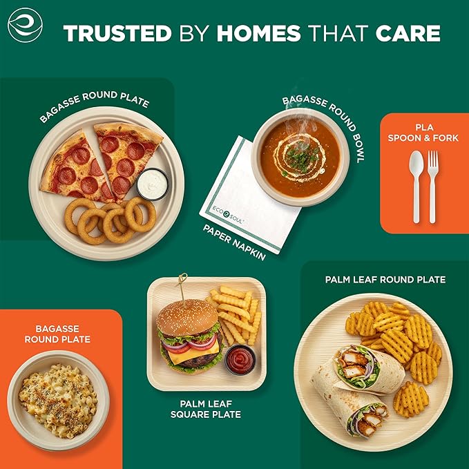 ECO SOUL Compostable Paper Plates 8.75 Inch, 100 Pack – Heavy Duty Disposable Dinner Paper Plates, Natural Bagasse, Leak-Resistant, Microwave Safe, Eco-Friendly Round Plates for Parties & Catering