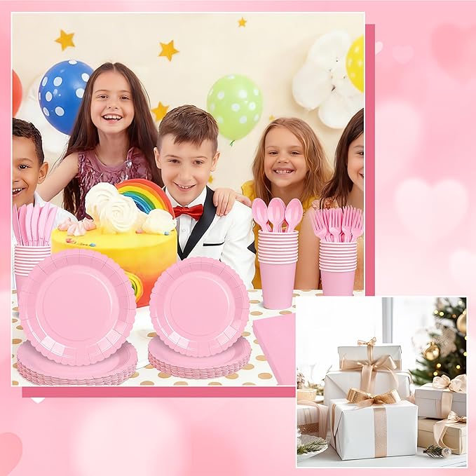 175 PCS Pink Paper Plates and Napkins Set, Pink Party Supplies for 25 Guests Include Scalloped Plate Paper Napkins Cups Knife Fork Spoon for Baby Shower, Birthday, Wedding, Easter Party, Mother's Day