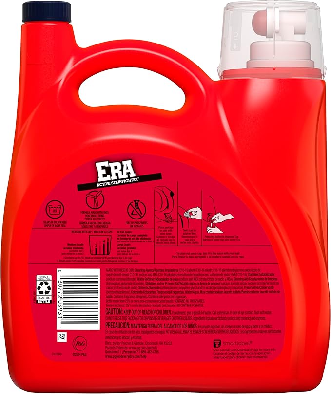 Era 2X Ultra Active Stainfighter Formula Liquid Laundry Detergent 154 fl oz, 107 Loads Stain Fighter Laundry Detergent for Deep Stain Removal Tough on Stains Fighter High Efficiency