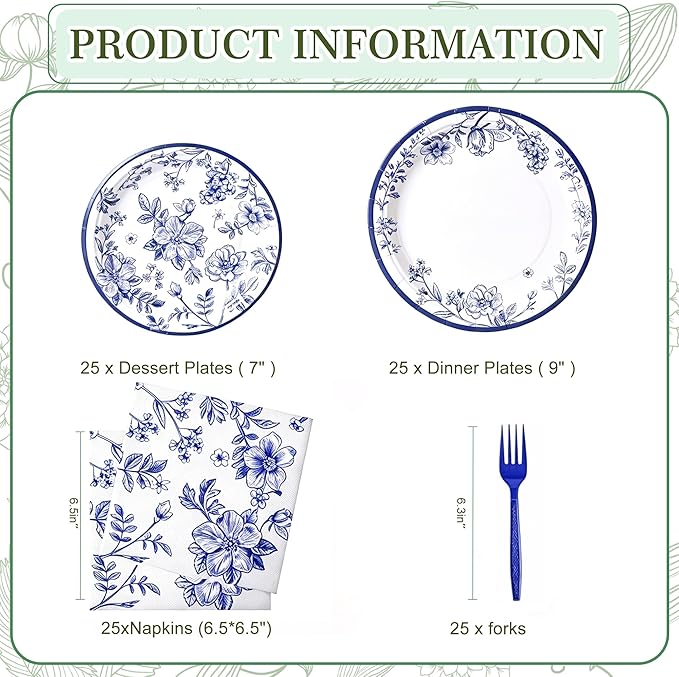 100 Pcs Blue and White Floral Party Supplies for 25 Guests, Heavy-Duty 7" & 9" Paper Plates, 2-Ply 13" Napkins & Plastic Forks, Disposable Tableware Set for Bridal Baby Shower and Tea Party