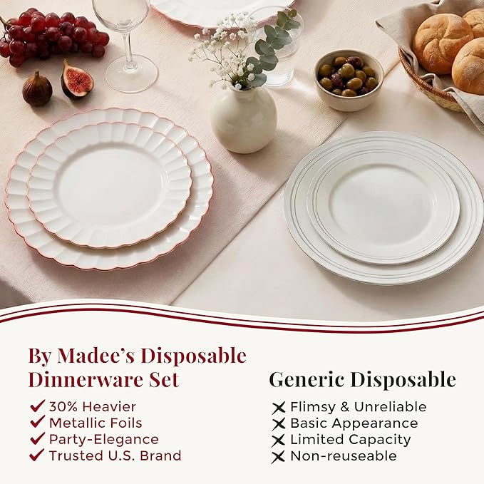 By Madee HEAVYWEIGHT 60 Pc Ivory Scalloped Plastic Plates with Rose Gold Trim | 30 Dinner & 30 Dessert Fancy Disposable Plates | Perfect for Weddings Bridal Showers or Any Special Moments (30 Guests)
