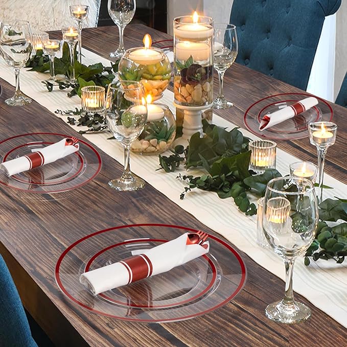 Goodluck 350 Piece Red Plastic Dinnerware Set for Party, Clear Disposable Plates for 50 Guests, Includes 100 Plates, 50 Pre Rolled Napkins with Cutlery Set, 50 Cups for Graduation, Wedding, Christmas