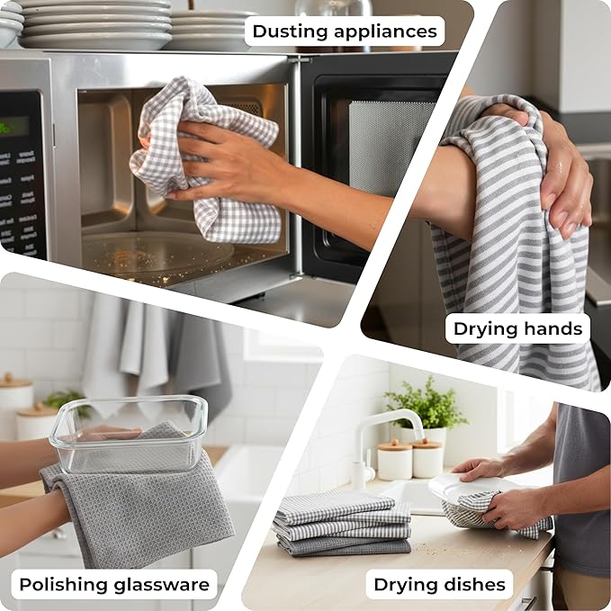 Cotton Dish Towels For Kitchen Drying - Highly Absorbent Light Gray Striped Gingham Plaid Tea Towels - 18"X28" Set Of 6 Farmhouse Linen Dishtowels In Bulk - Pano De Prato Para Cozinha - T Towles Towls
