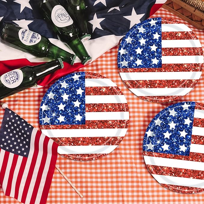 96 Pieces American Flag Patriotic Plates and Napkins Tableware Set - 4th of July Disposable Paper Plates, Napkins and Forks for Independence Day Memorial Day Veterans Day Party Decorations