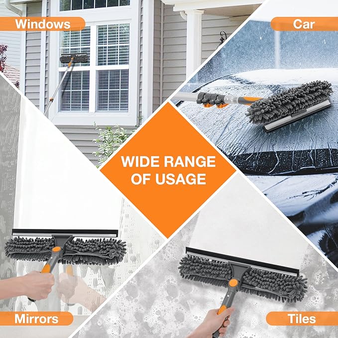 12Ft Window Squeegee with Extension Poles, 2-in-1 Window Cleaning Kit with Telescopic Pole, Extra-Large 14" Window Squeegee, Window Cleaner Tool with Adjustable Head, for High Window, Glass, RV