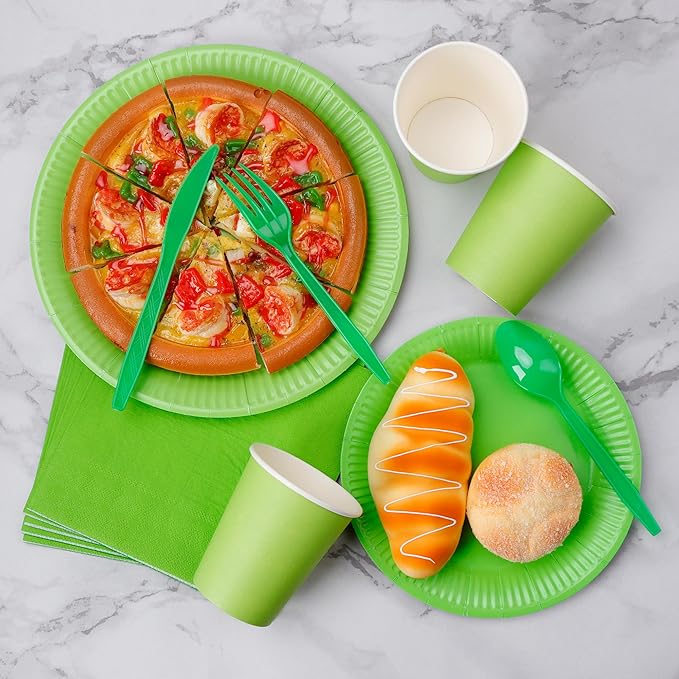 210pcs green Plates And Cups Party Supplies -Green Party Plates Plastic Silverware, Paper Cups And Napkins Serves 30 (Lime Green Paper Plates)