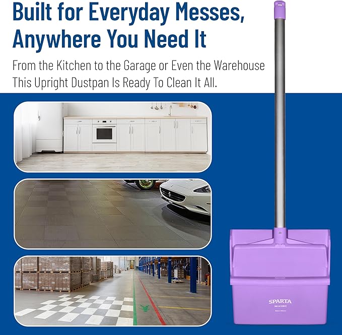 SPARTA Upright Dustpan with Aluminum Handle, Serrated Edge for Broom Combing, Secure Yoke Lock with Easy Storage Hanging Hole for Commercial Cleaning, Plastic, 30 Inches, Purple