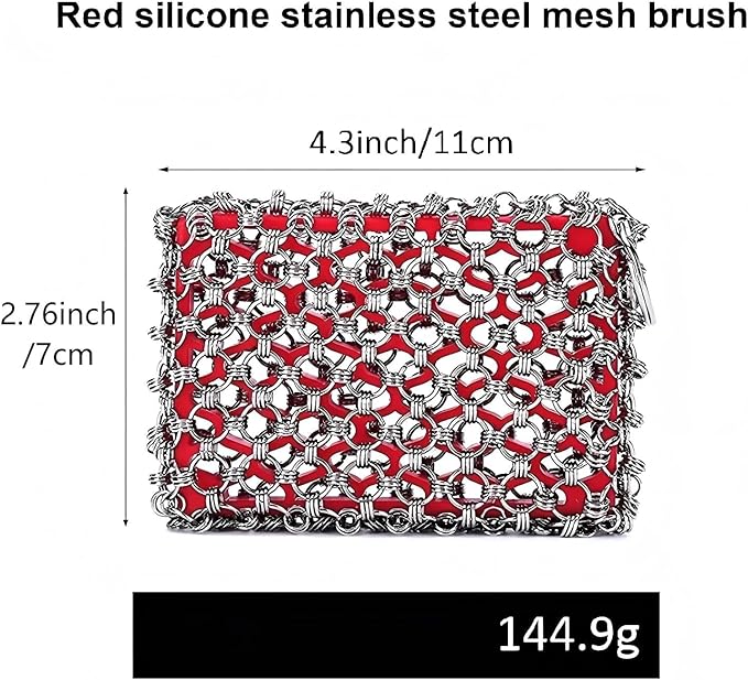 2026 Upgrade 316 Stainless Steel Pan Cleaner,4.5 Inch Triple-Ring Chain Mail Scrubber with Silicone Core, Cast Iron Pot Brush for Easier Removal of Stubborn Oil Stains & Food Residue-Red