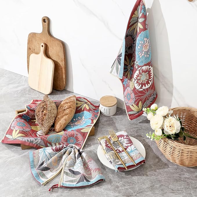 Dish Towels for Kitchen, Jacquard Woven Kitchen Towels Set, Reusable Reusable Cleaning Tea Towels Ultra Absorbent with Hanging Loop,Decorative Retro Hand Towels for Bathroom, Gift for Mom