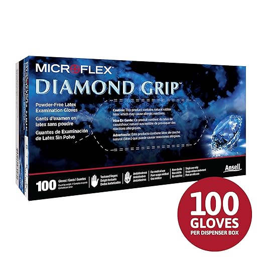 Ansell Microflex Diamond Grip MF-300 Disposable Latex Gloves for Automotive, Machinery Industries - Large, Natural Clear Large (Pack of 200)