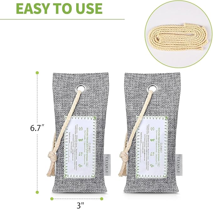 CLEVAST Activated Bamboo Charcoal Odor Absorber - 6 x 60g Air Purifying Bags Natural Fresh, Deodorizer and Moisture Eliminator for Home, Closet, Shoes, Car Air freshener, Grey