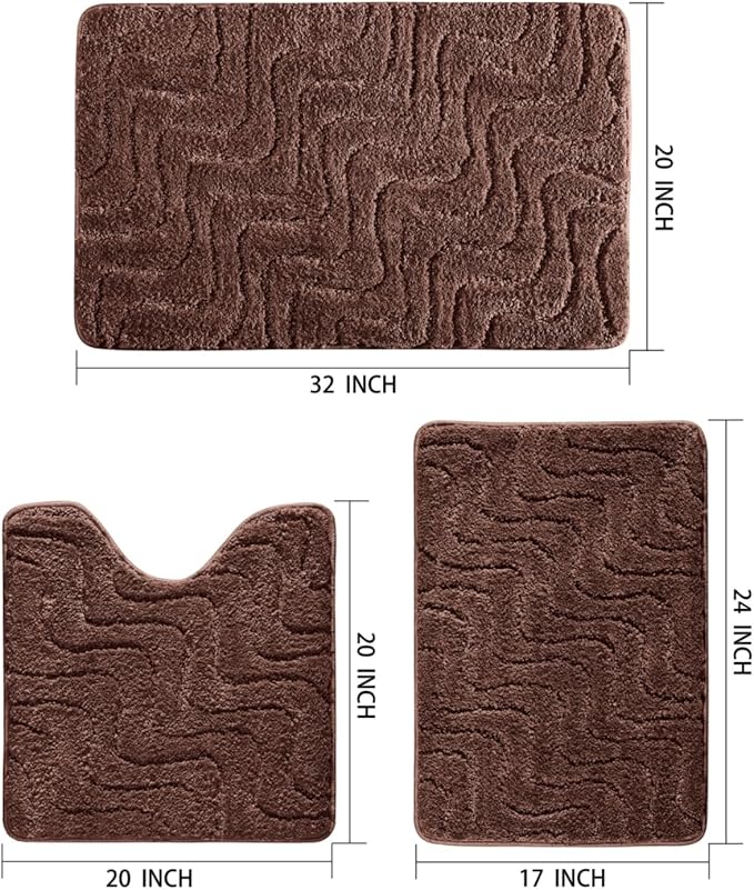 Bath Rugs Set 3 Pieces Bathroom Mat Soft Absorbent Plush Shaggy Soft Floor Non Slip Shower Bath Tub Machine Washable (Cocoa-Wave, 20"x32"/20"x20"/17"x24")