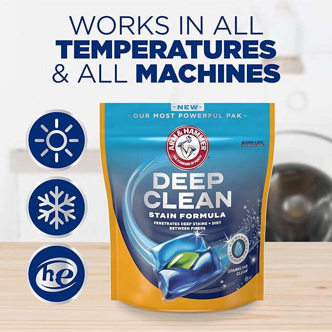 ARM & HAMMER Deep Clean Stain Formula Laundry Detergent Power Paks, Sparkling Clean Scent, 32 Count, 32 Loads