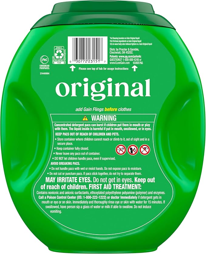 Gain Plus Flings Liquid Laundry Detergent Pacs, Gain's Best Clean, All-In-One, Original Scent, 45 Count