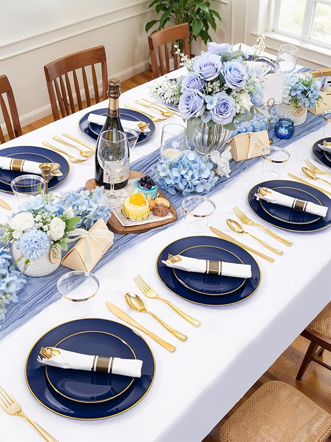 WDF 300PCS Navy Blue Plates Disposable - Blue Plastic Plates 50guest Heavy Duty Plastic Dinnerware Sets for Party/Wedding/Birthday/Graduation