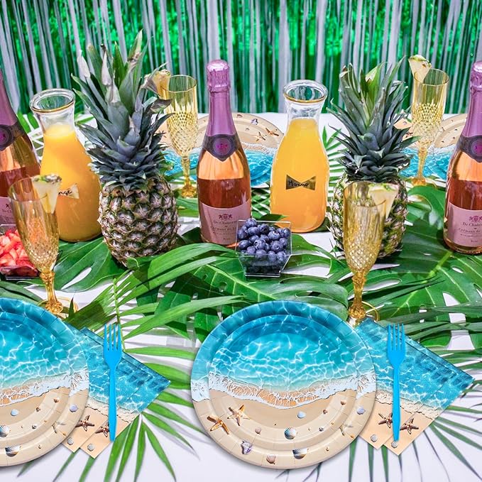 100 Pieces Beach Party Tableware Set – Ocean Wave Disposable Plates, Napkins and Forks, Seashell Starfish Summer Pool Party Supplies for Birthday, Beach Theme and Tropical Decorations