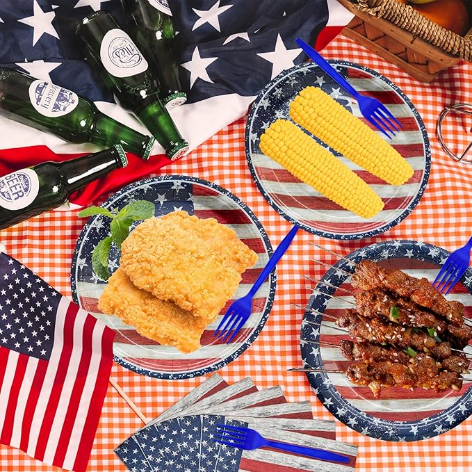 96 Pieces Patriotic Tableware Set Party Supplies - American Flag Pattern Disposable Dinnerware with Paper Plates, Napkins, Forks for Fourth of July, Memorial Day, Veterans Day BBQ Picnic Favors