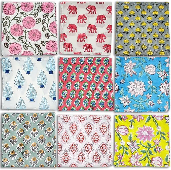 THRIVING Cotton Cloth Napkins Table Napkins Hand Block Printed Home Decor Eco Friendly Kitchen Towels Table Decor Linen Dinner Napkins Living Cloth Napkins 16" x 16" Pack of 12