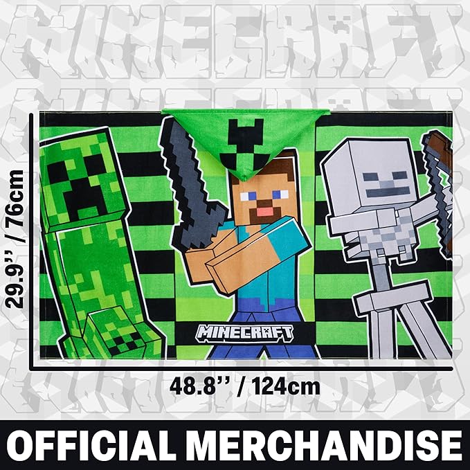 Minecraft Towelling Poncho Kids Teens Hooded Bath Towels Absorbent Beach Towel (Green/Black, 6-14 Years)