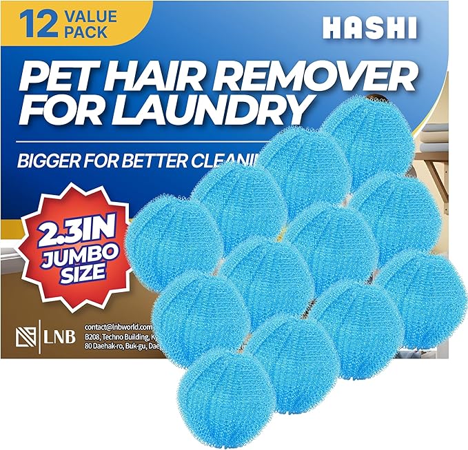 HASHI 12 Pack Pet Hair Remover for Laundry, 2.3 Inch Sky Blue Washing Machine and Dryer Balls, Reusable Dog and Cat Fur Catcher, Gentle on Fabrics Lint Remover for Bedding and Towels