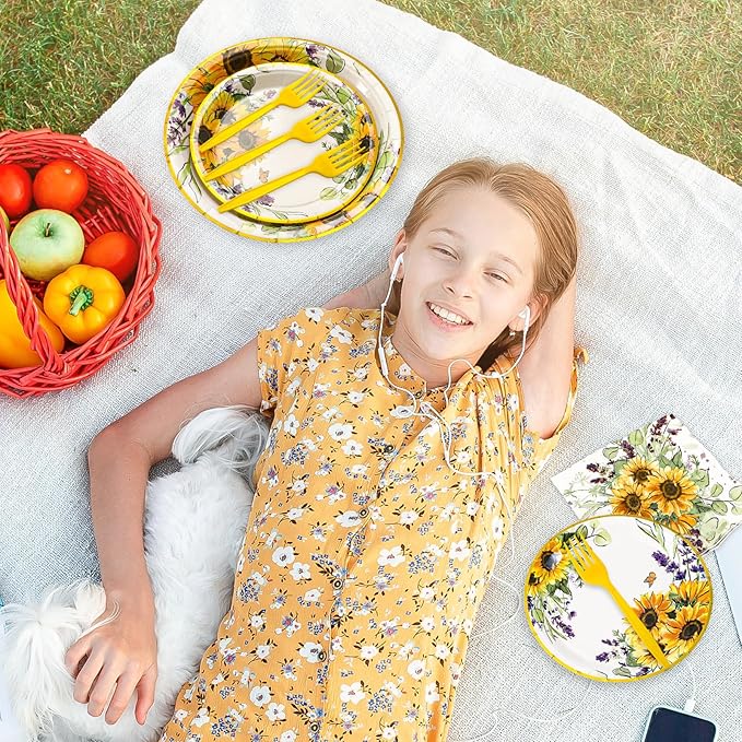 Sunflower Party Supplies Kit Serves 24 Watercolor Floral Paper Plates Napkins Disposable Plastic Forks for Summer Baby Shower Birthday, 7 inch, 9 inch