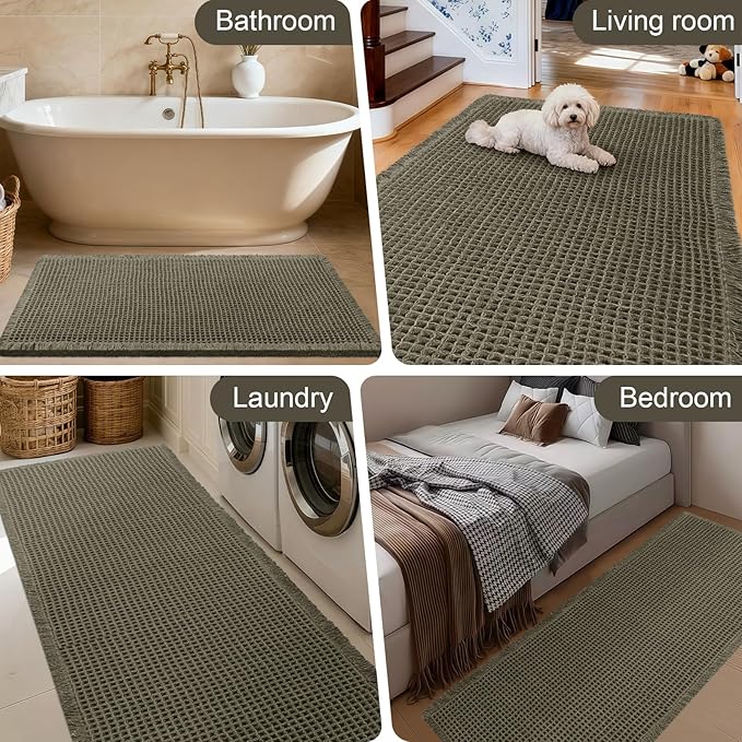 Upgraded Waffle Bath Mat Set 3 Piece Greyish Green, Super Absorbent Non-Slip Quick Dry Bathroom Rugs with Tassels, Machine Washable Ultra Soft Boho Bath Rugs for Floor, Bath Mats Boho Farmhouse Decor