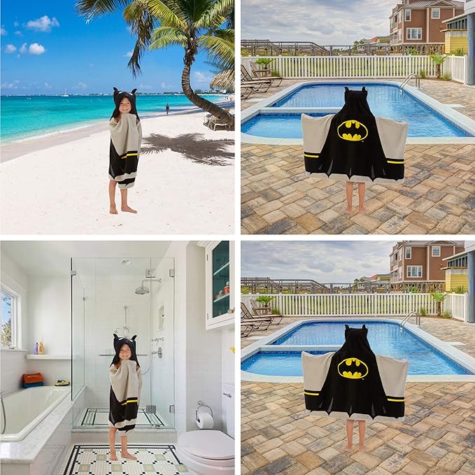 Batman Kids Bath/Pool/Beach Super Soft Cotton Terry Hooded Towel Wrap, 24" x 50", By Franco