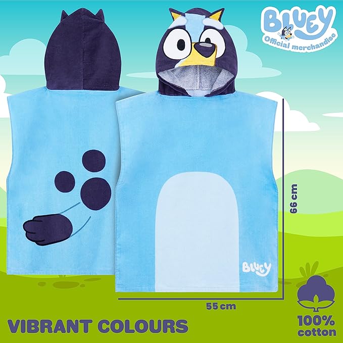 Bluey Kids Changing Robe, Hooded Towel Poncho for Boys Girls, Soft Absorbent Cotton Wearable Towel for Swim Surf Bath Beach Cover Up, Gifts for Kids (Blue/Navy)