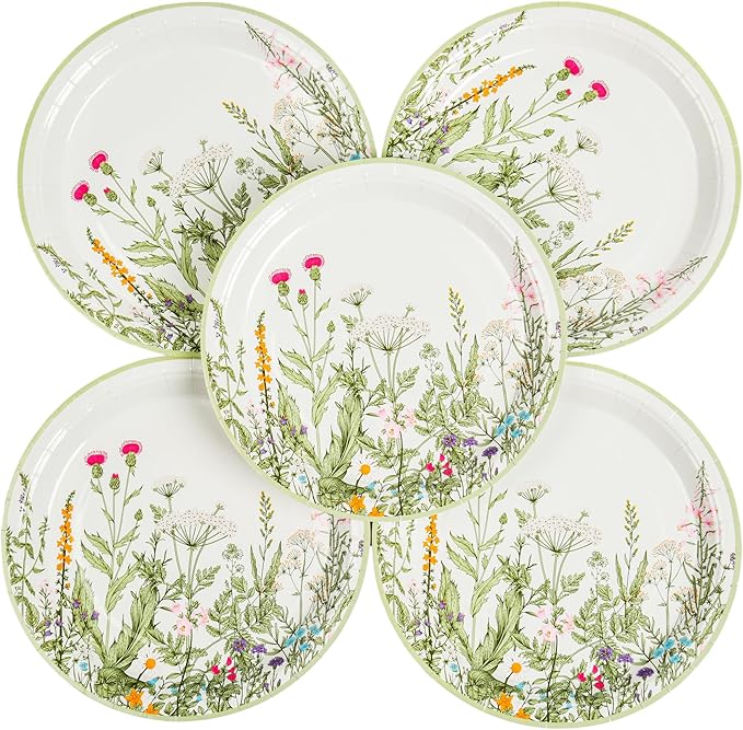 AimFun Wildflower Party Plates 9" Floral Paper Plates Botanical Green Leaves Herbs Disposable Flower Party Supplies Spring Summer Vintage Garden Decorative Dinner Dessert Plates